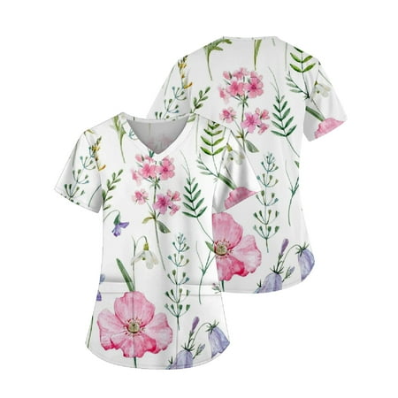 

EKOUSN Scrub Tops Women Print Print Nurse Uniforms for Women Short Sleeve V-Neck Shirts Tee Tops with Pockets