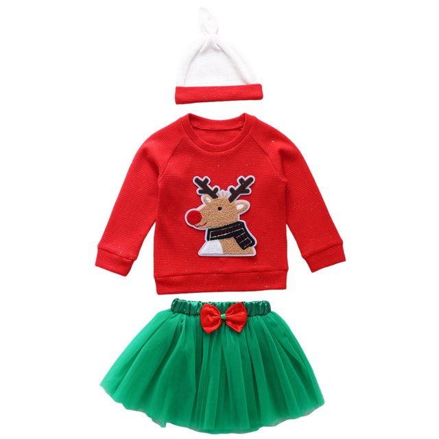 Xingqing 3 Pcs Jupe en Laine Verte pour Bébé Fille Motif Appliqué Rouge de Noël Col Rond