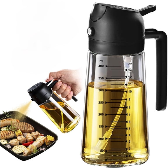 16oz/470ml Glass Olive Oil Sprayer for Cooking – 2 in 1 Olive Oil Dispenser Bottle for Kitchen Gadgets and Air Fryer Accessories, Salad, BBQ - Black