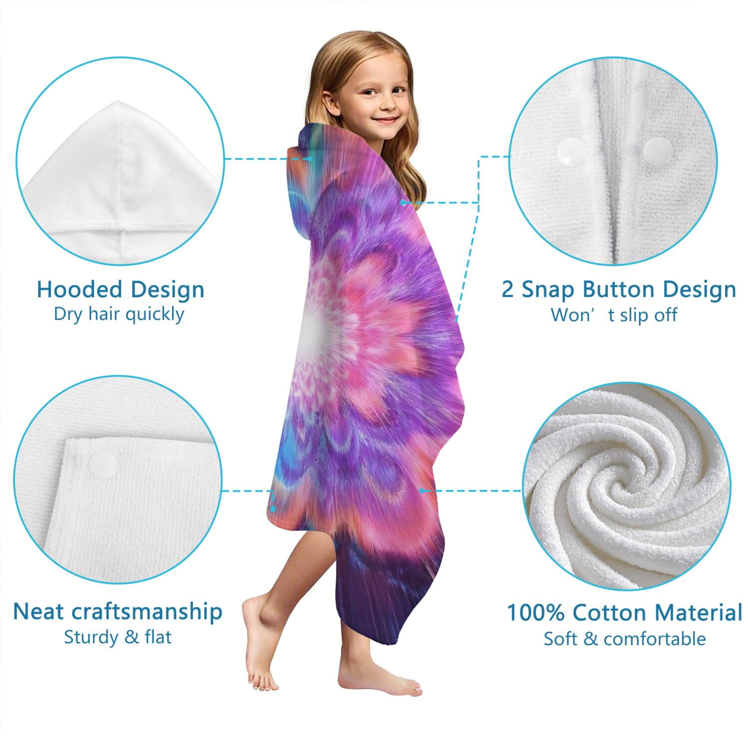 Colorful Tie Dye Burst Flower Pattern Hooded Bath Towel，60"x35" for Ages 3 To 12 Kids, Quick Dry Lightweight Soft Microfiber Hood Beach Towel Cover Up for Kids
