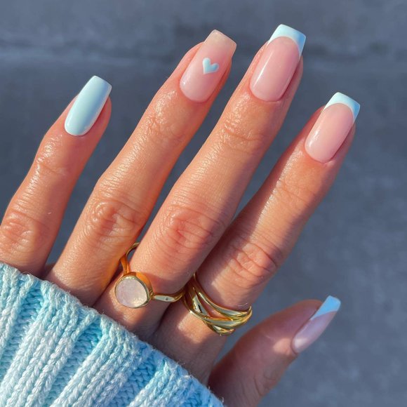 Jinsinto Press on Nails French Tip Nails Oval Nail Tips Glossy Fake Nails False Nails with Design Full Cover Acrylic Nails (Blue)