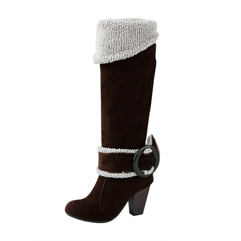 jsaierl Winter Boots For Women Chunky Heels Knee High Boots Fur