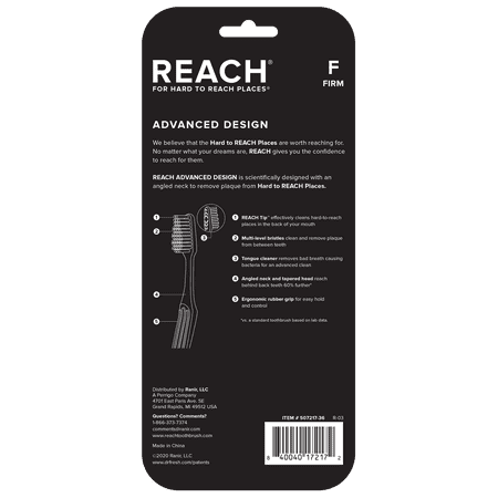 REACH Advanced Design Toothbrush, Angled Neck, Firm Multi-Level Bristles, Contoured Handle, Tongue Scraper, 7 Count (Packaging and Color May Vary)