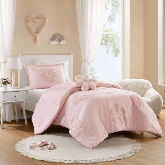 Twin Size Cotton Bedding Set 3-Piece Twin Floral Reversible Tufted Chenille Comforter Set with Flower Throw Pillow,Pink,Bed In A Bag