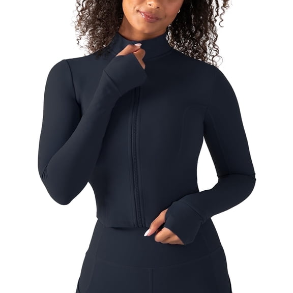 YITTY Active Women's UltraLuxe Cropped Full Zip Jacket, Athleisure, 4-Way-Stretch, Thumbholes, Deep Navy, 4X