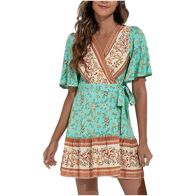Vestido HUOGUO para mujer, casual, manga corta, estampado con cuello en V