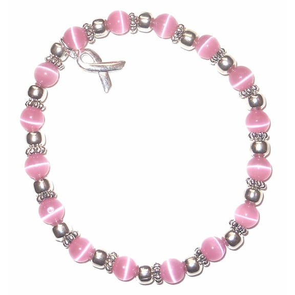 Breast Cancer Bracelet - 6mm Pink Breast Cancer Awareness - Stretch, Fits most adults, Packaged