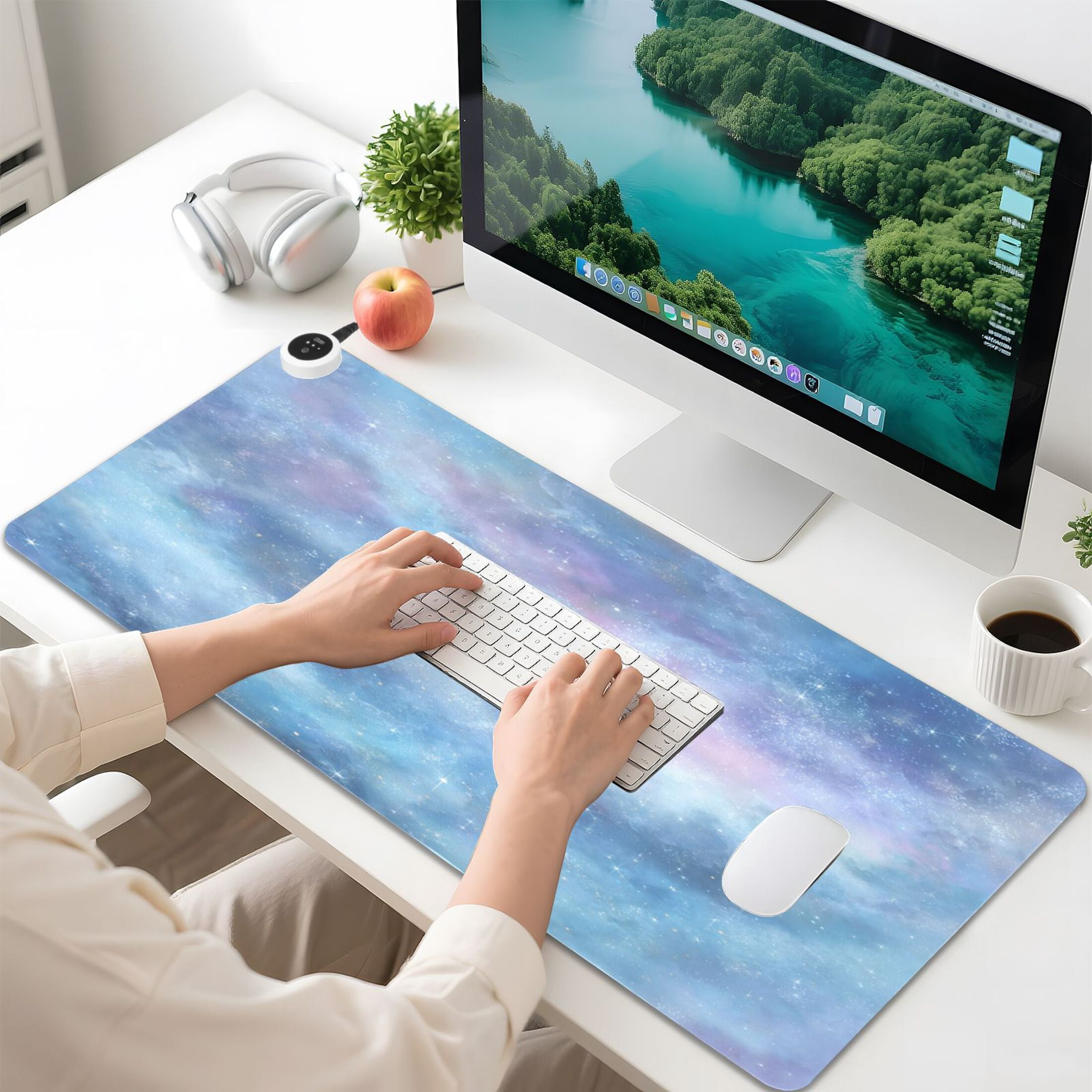 Large Heated Desk Mat Mouse Pad 31.5"x13"PU Leather Graphene Heating Desk Warmer with 3 Temperature Settings 110V US Plug Non-Slip Warm Pad for Home, Office, and Gaming Seamless Cosmic Texture Design