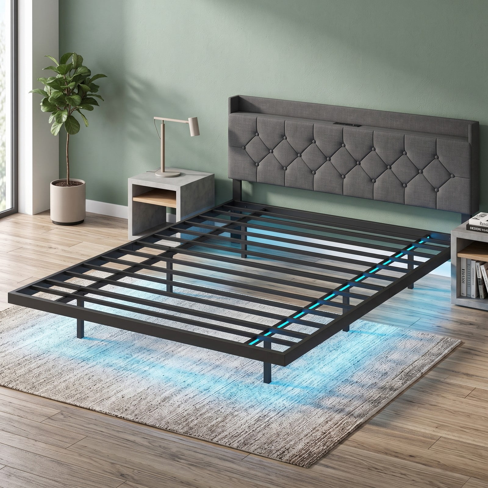 Furnibear Queen Size Bed Frame Upholstered Floating Platform Bed with LED Lights, Storage Headboard and Charging Station, Gray