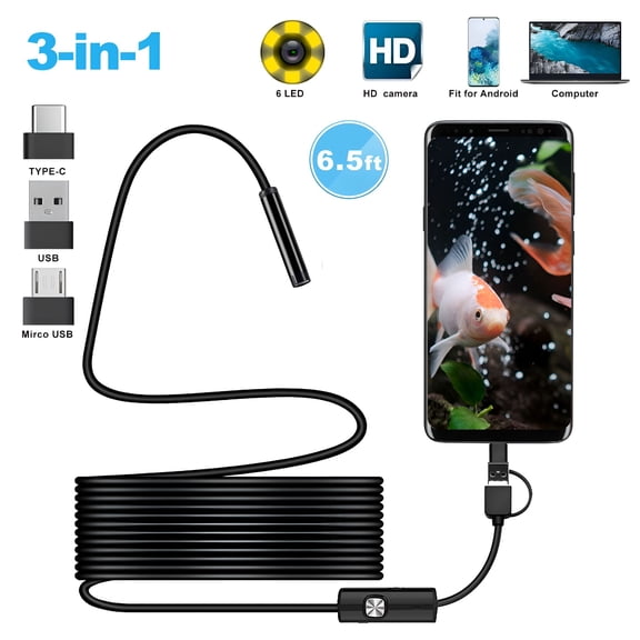 GJX 6.5ft USB Snake Inspection Camera, 0.3 MP IP67 Waterproof USB/Micro Endoscope, Type-C Borescope Camera with 6 LED Lights Fits for OTG Android, Windows, MacBook, Computer