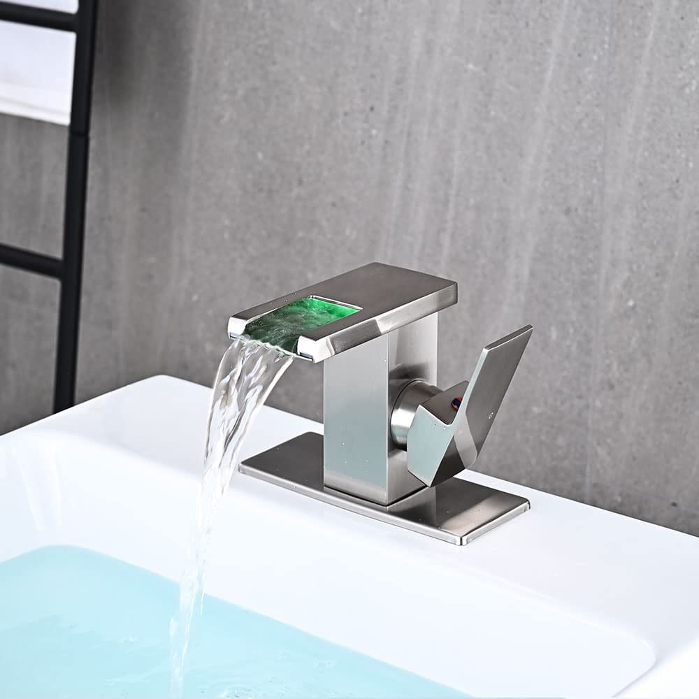 LED Bathroom Sink Faucet, Brushed Nickel Waterfall Single Hole Handle Vanity Faucets for Sinks 1 Hole with Metal Pop Up Drain and 2 Water Supply Lines, Side Handle