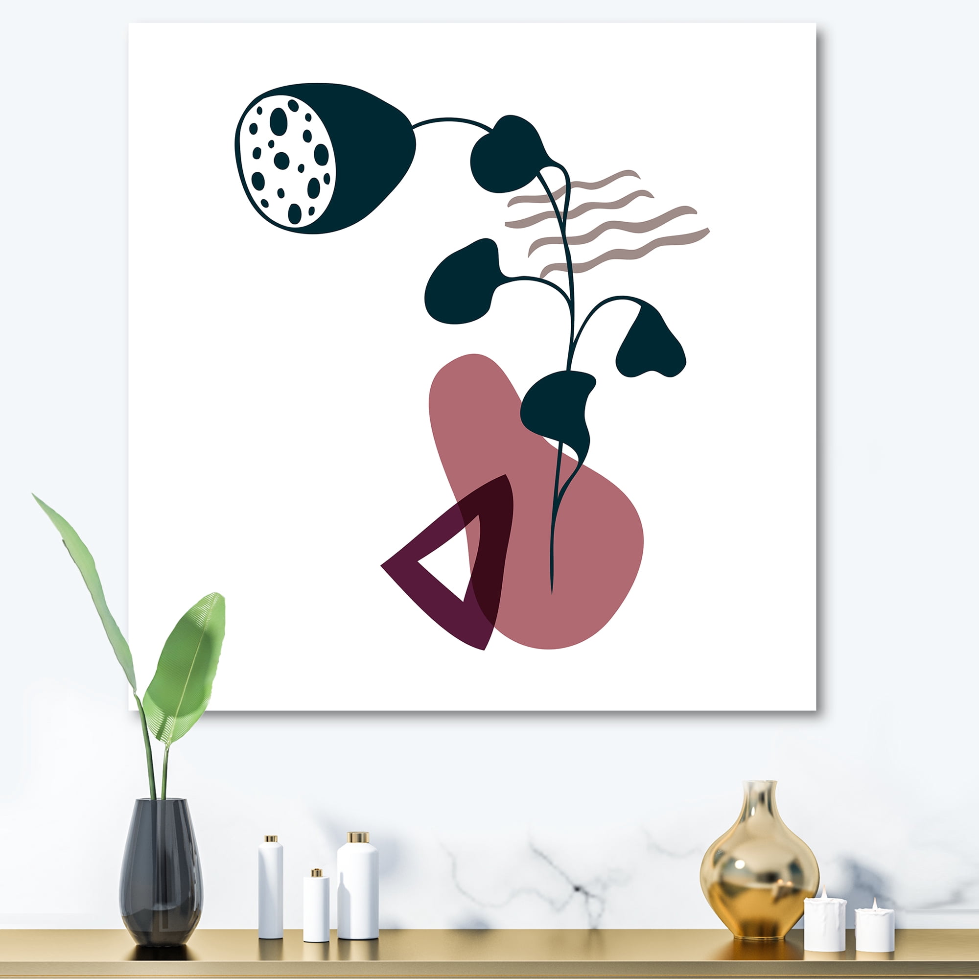 Abstract Flowers Plants With Elementary Shapes V 36 in x 36 in Painting Canvas Art Print, by Designart