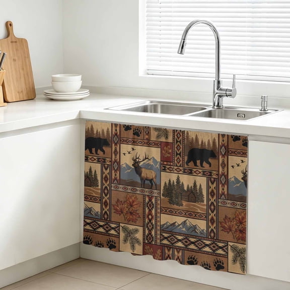 Southwest Bear Deer Cabinet Curtains for Kitchen 11"W x 13"L, Rustic Cabin Country Forest Mountain Vanity Cabinet Curtains Magic Tape Short Curtain Decor Privacy Panel for Bathroom Laundry
