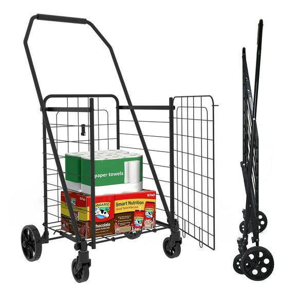 Folding Shopping Cart with Wheels - Grocery Utility Cart, 360° Swivel, 120lb Capacity