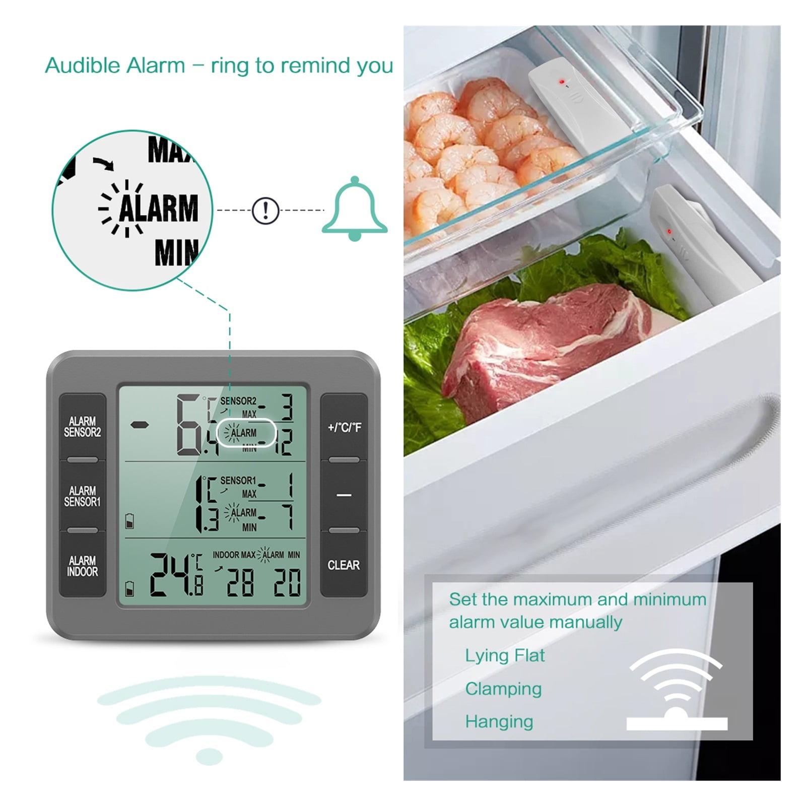 Fridge Thermometer Digital Freezer with Sensors Refrigerator Therm Wireless Indoor for Home ,Simple Operation