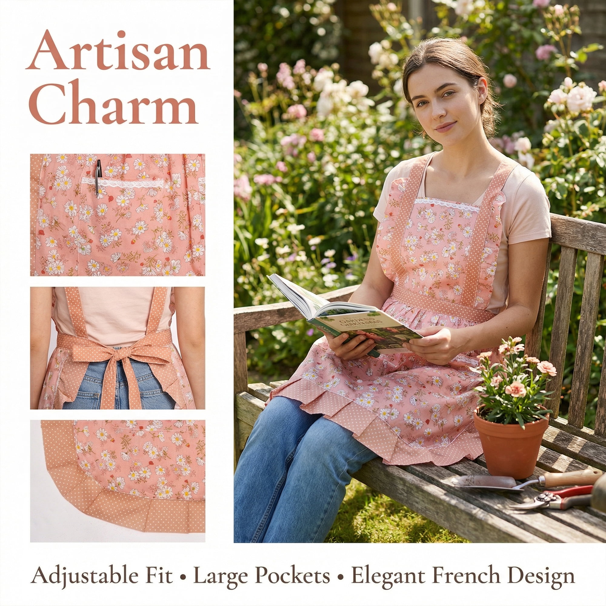 Unique Bargains Durable Floral Kitchen Apron with Pockets and Adjustable Tie Pink