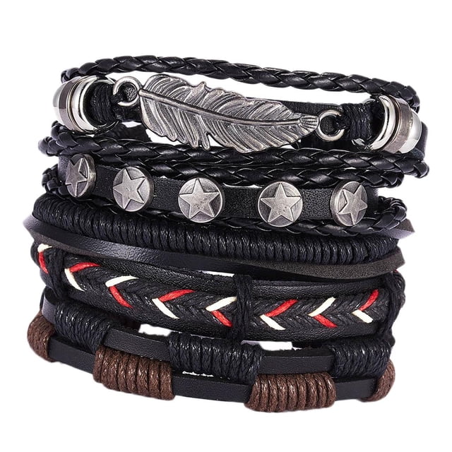 Brazalete aterial cuero PU para Hombre, Brazalete Ajustable, Brazalete Hecho , últiples Capas, Conjunto de Pulseras de E 5 piezas de hoja Salvador Pulsera trenzada para hombres