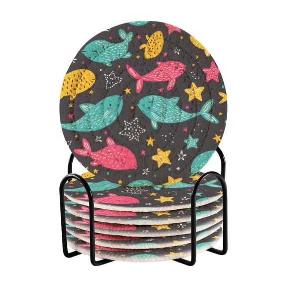 Haosy Set of 6 Drink Woven Coaster with Holder Heat Resistant Non-Slip Bar Coasters 4 Inches Hand Drawn Whale Stars