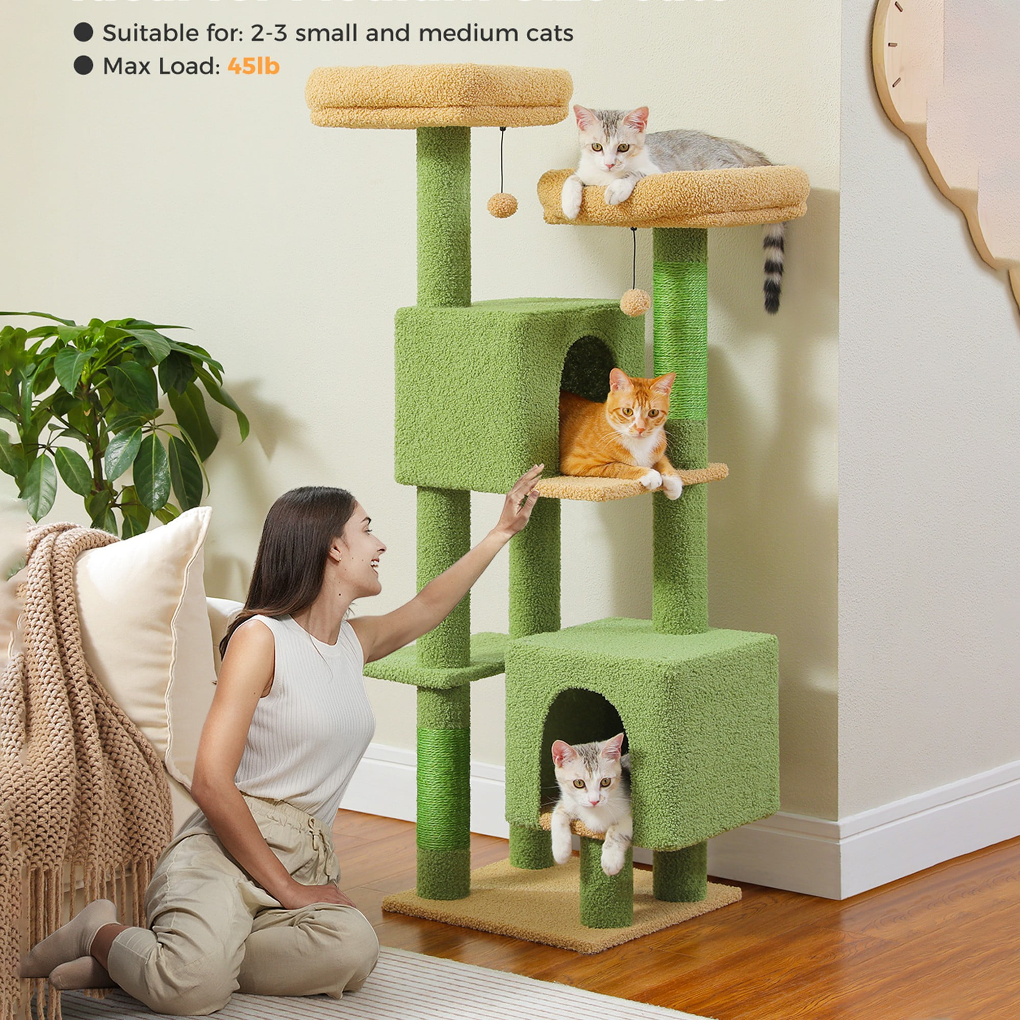 resenkos 52" Cat Tree Tower with 2 Scratching Posts, 2 Perches, 2 Caves, Pompoms, Multi-Level Plush Cat Condo for Indoor Cats, Green