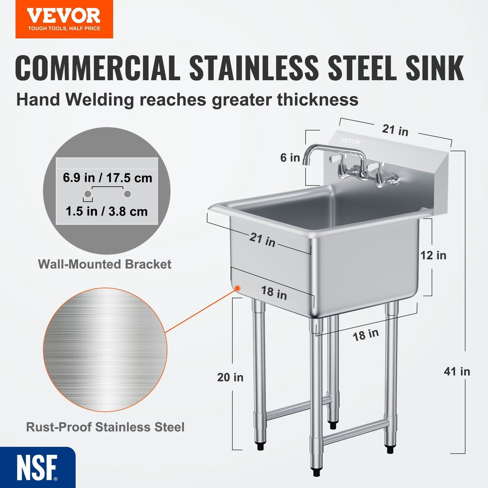 HCY Stainless Steel Prep & Utility Sink, 1 Compartment Free Standing Small Sink Include Faucet & legs, 21"x41" Commercial Single Bowl Sinks for Garage, Restaurant, Kitchen, Laundry, NSF Certified