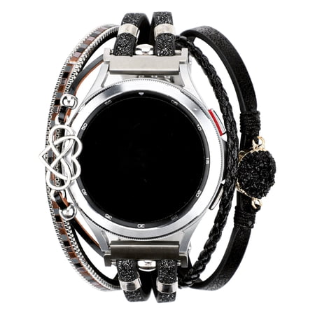 Handmade Boho Multilayer Leather Watch Band for Samsung Galaxy 20mm 22mm, Adjustable PU Leather Wrap Strap with Druzy Charm, Jewelry Bracelet for Women (Watch 7/6/5/4/Classic/Active 2)