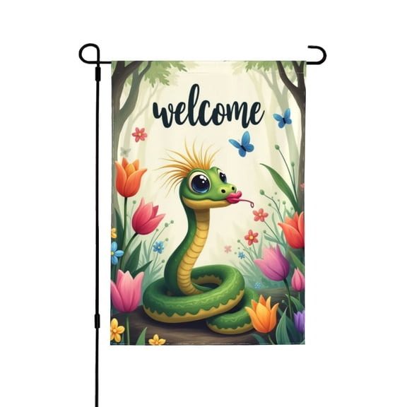 Welcome Spring Garden Flag Cute Snake With Flowers, DoubleSided 12x18 Inch Outdoor Yard Decoration, Floral Butterfly Garden Flag For House Lawn Patio