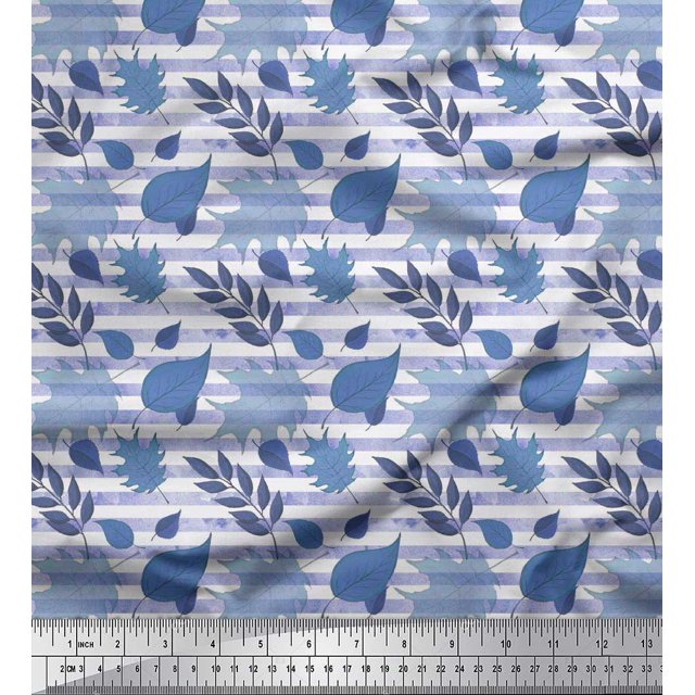 Soimoi polyester Crepe Fabric Stripe & Autumn Leaves Print Fabric by Yard 42 Inch Wide