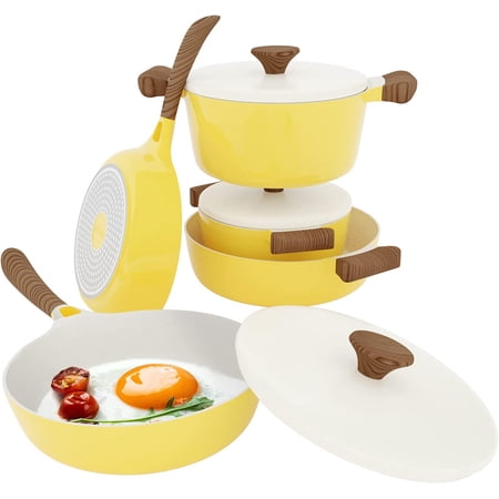 Vremi 8 Piece Ceramic Nonstick Cookware Set - Induction Stovetop Compatible DIshwasher Safe Non Stick Pots with Lids and Frying Pans - Dutch Oven Pot Fry Pan Sets for Serving - PTFE PFOA Free - Yellow