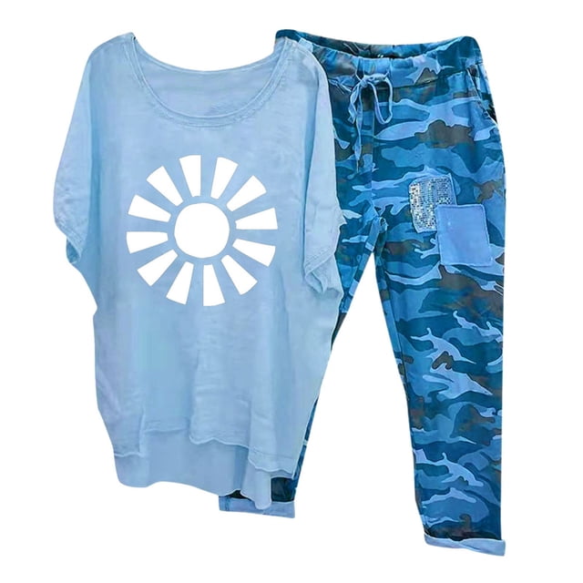 EYWGYA Ensemble de Détente pour Femmes, Survêtements pour Femmes 2 Pcs, Ensemble Décontracté Imprimé avec Haut à Manches 3/4 à Col Ras du Cou et Pantalon