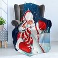 thumbnail image 4 of Christmas Soft Flannel Fleece Blanket, Smiling Santa Claus Hugging Snowman in Cartoon Style Winter Hills Fir Trees, Cozy Plush for Indoor and Outdoor Use, 50" x 70", Blue Red White, by Ambesonne, 4 of 5