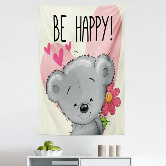Be Happy Tapestry, Cartoon Style Smiling Teddy Bear Holding a Flower Hearts, Fabric Wall Hanging Decor for Bedroom Living Room Dorm, 5 Sizes, Multicolor, by Ambesonne