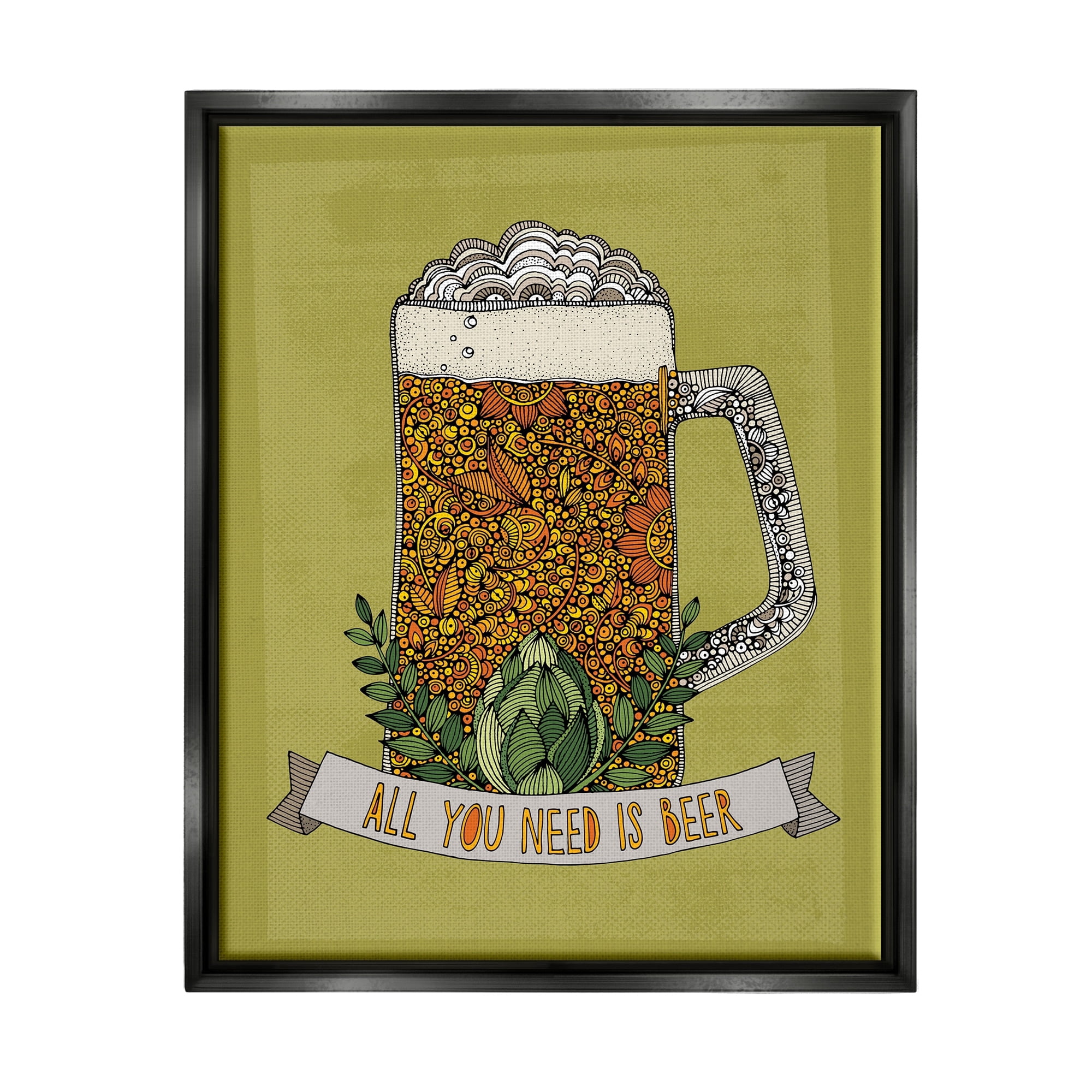 Stupell Industries All You Need Is Beer Floral Pattern Stein Mug Graphic Art Jet Black Floating Framed Canvas Print Wall Art, Design by Valentina Harper