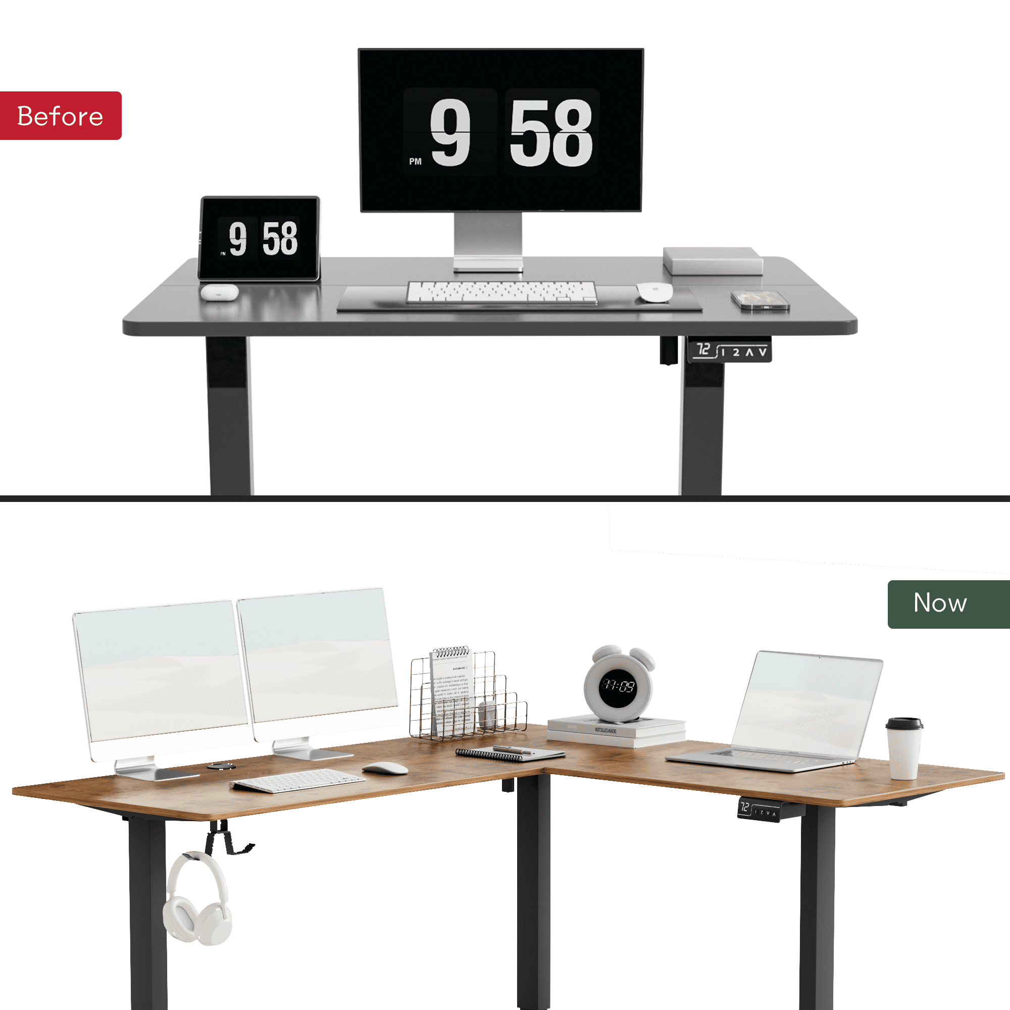 Furmax L-shaped Standing 63” W Electric Height Adjustable Computer Desk Sit-Stand Corner Desk for Home Office Lifting Range 28~46in with Memory Preset Controller, Brown
