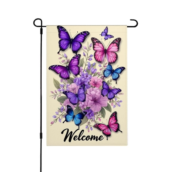 AMHNF Spring Summer Welcome Garden Flag, Linen Butterfly and Flower Design for Home Outdoor Garden Yard Door Decor 12x18 inch
