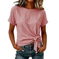 thumbnail image 5 of Women's Gingham Cotton Tops Summer Oversized Crew Neck Bow Tie Waist Blouse Fashion Casual Short Sleeve Daily Wear Shirt Red, 5 of 5