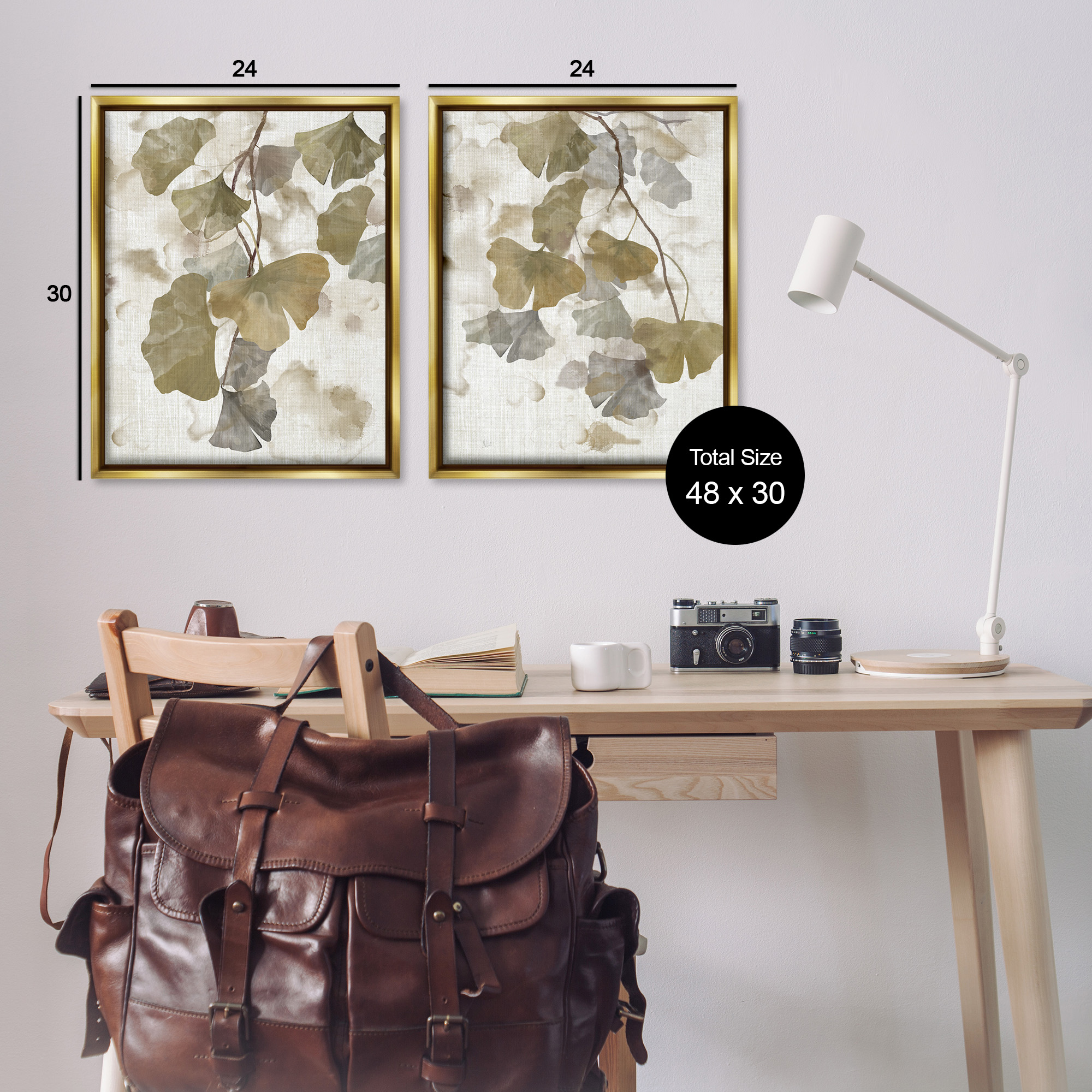 Stupell Industries Rustic Gingko Leaves Botanical & Floral Painting Gold Floater Framed Canvas Art Print Wall Art, 25 x 31, Set of 2
