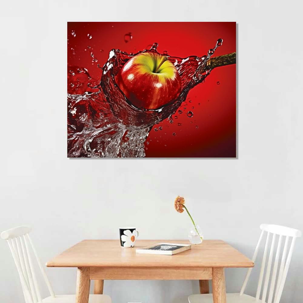 Nawypu Kitchen Wall Decor Canvas Art, Red Apple Fruit Canvas Print for Dining Room Decor, Contemporary Fruit Picture Kitchen Framed Painting for Restaurant Decor