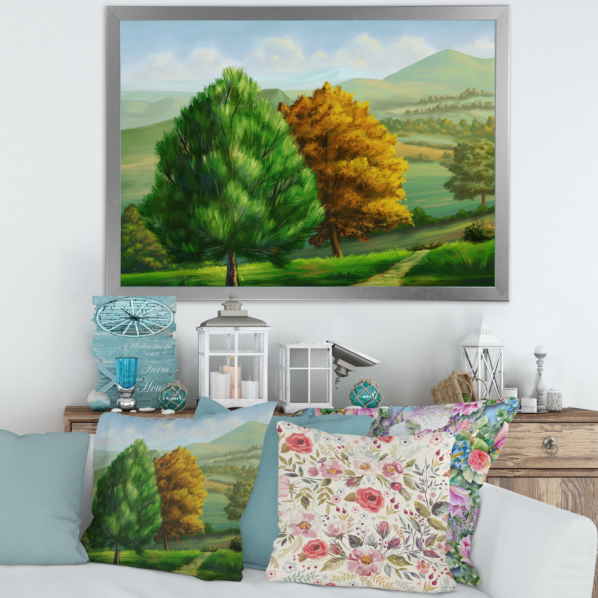 Designart 'VIbrant Trees With Country Scenery' Traditional Framed Art Print