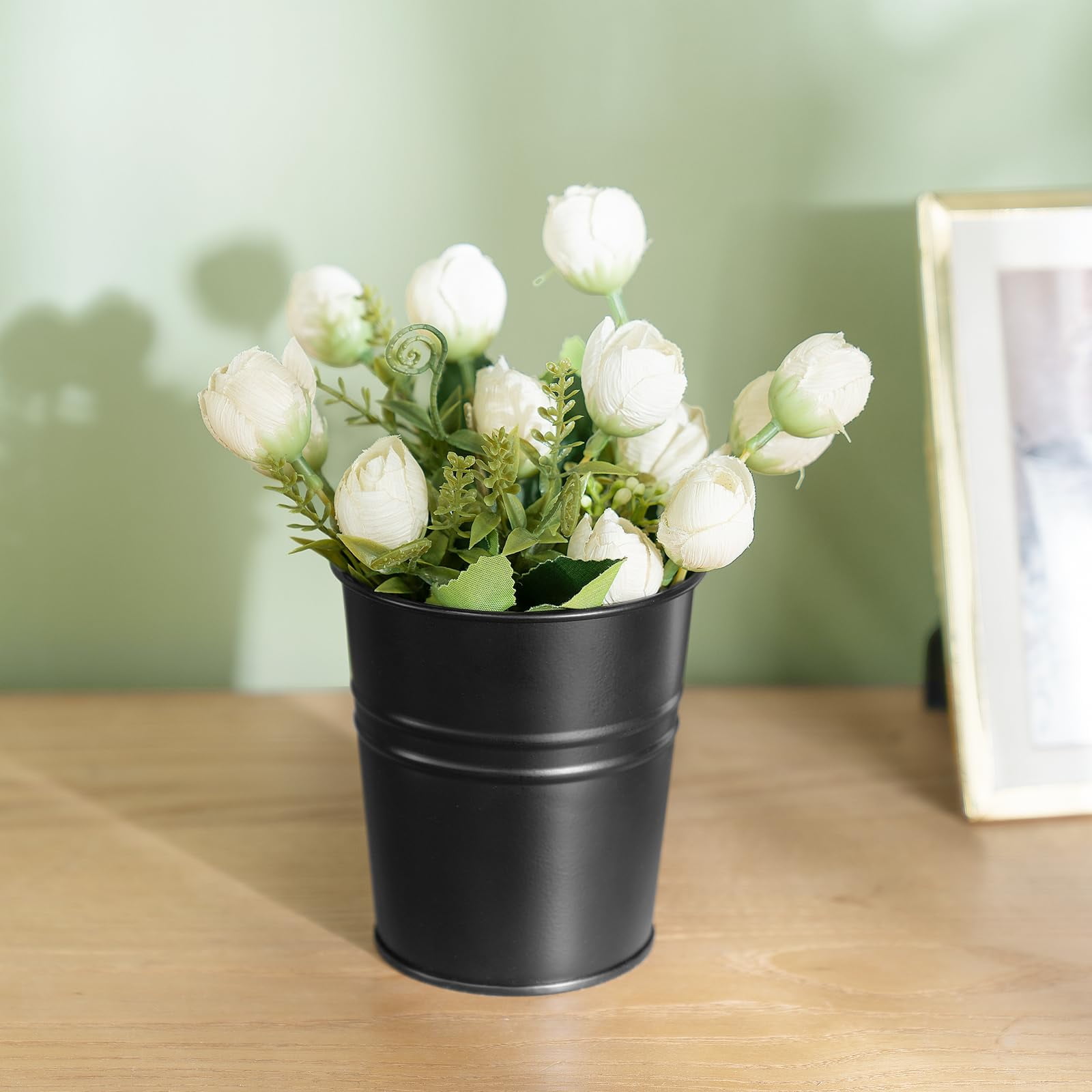 10 Pcs Hanging Flower Pots Metal Iron Bucket Planter for Railing Fence Balcony Garden Home Decoration Flower Holders with Detachable Hooks, White, 4 inches