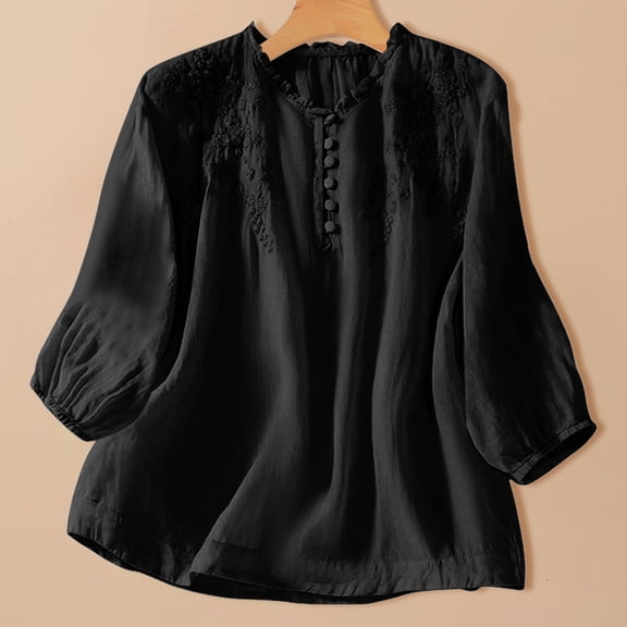 Ayolanni Solid Shirts for Women Embroidered Cotton Linen 3/4 Sleeve V-Neck Blouse Ruffled Fitted Button Down Puff T-Shirt Womens Tops Black L
