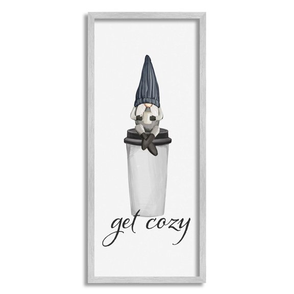 Get Cozy Sipping Coffee Gnome Fairy Tales & Fantasy Graphic Art Gray Framed Art Print Wall Art