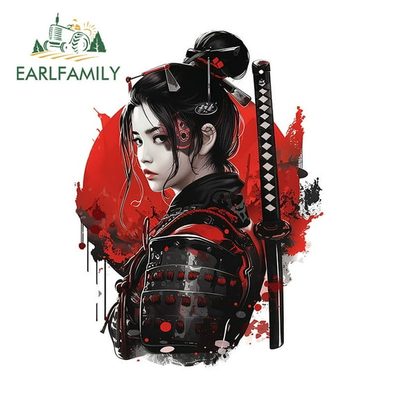 EARLFAMILY 5.1 Inch Samurai Female with Red Sun Car Sticker Scratch-Proof Motorcycle Helmet Windshield Vinyl Decals Waterproof Car Label