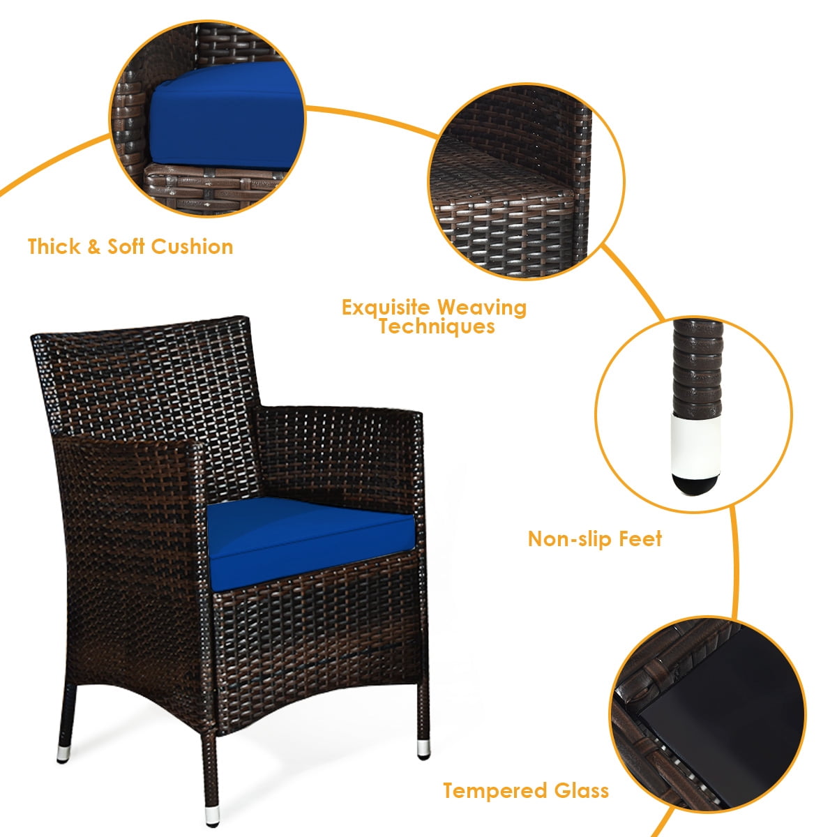 Patiojoy 4-Piece Patio Rattan Wicker Furniture Set Sofa Chair Table Set w/ Navy Cushions