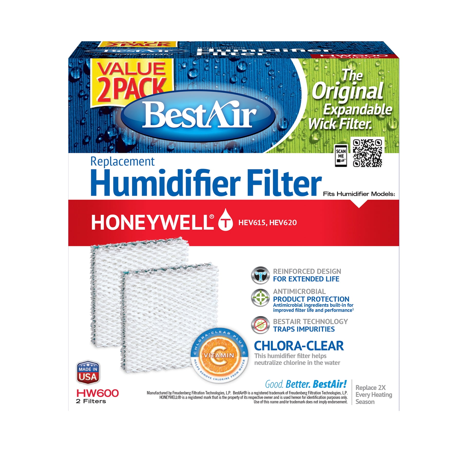 BestAir® HW600 Value 2 Pack Humidifier Replacement Paper Wick for Honeywell Humidifiers,12 lb.