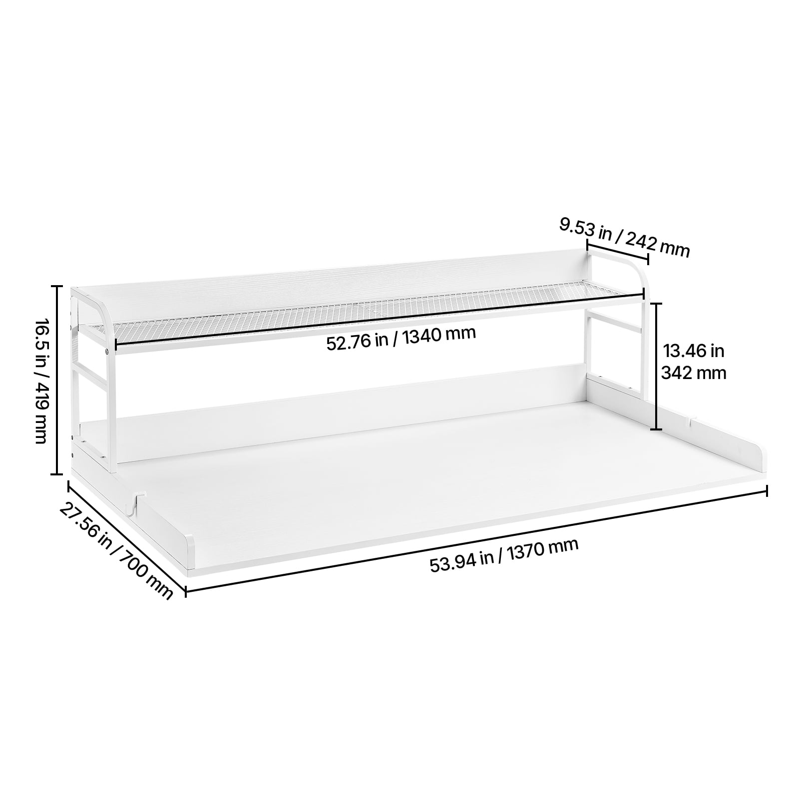 VEVOR Washer Dryer Countertop with 2-Tier Shelf, 54" x 27" Wooden Washer and Dryer Countertop with Anti-Slip Pads, Water-Resistant Laundry Topper Cover for Laundry Room Organization and Storage,White
