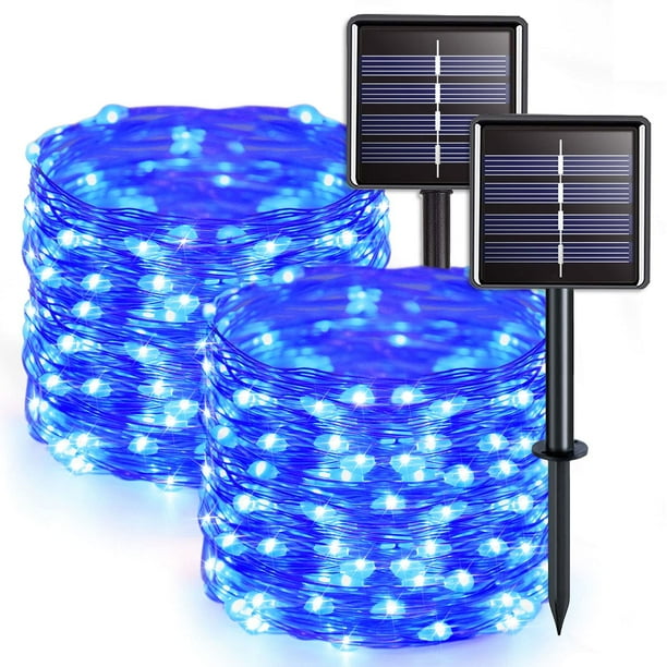 Guirnalda de luces solares JMEXSUSS, paquete de 2 unidades, 10 m, 100 LED, azules, impermeables
