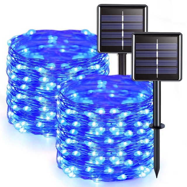 Guirnalda de luces solares JMEXSUSS, paquete de 2 unidades, 10 m, 100 LED, azules, impermeables