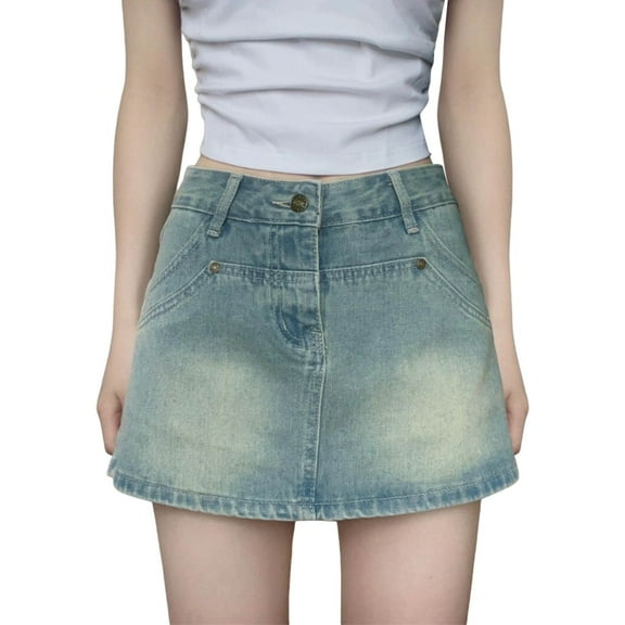 MIXUE Skirts For Women Summer Solid Color High Waist A Line Casual Mini Denim Skirt Activewear,Blue,M