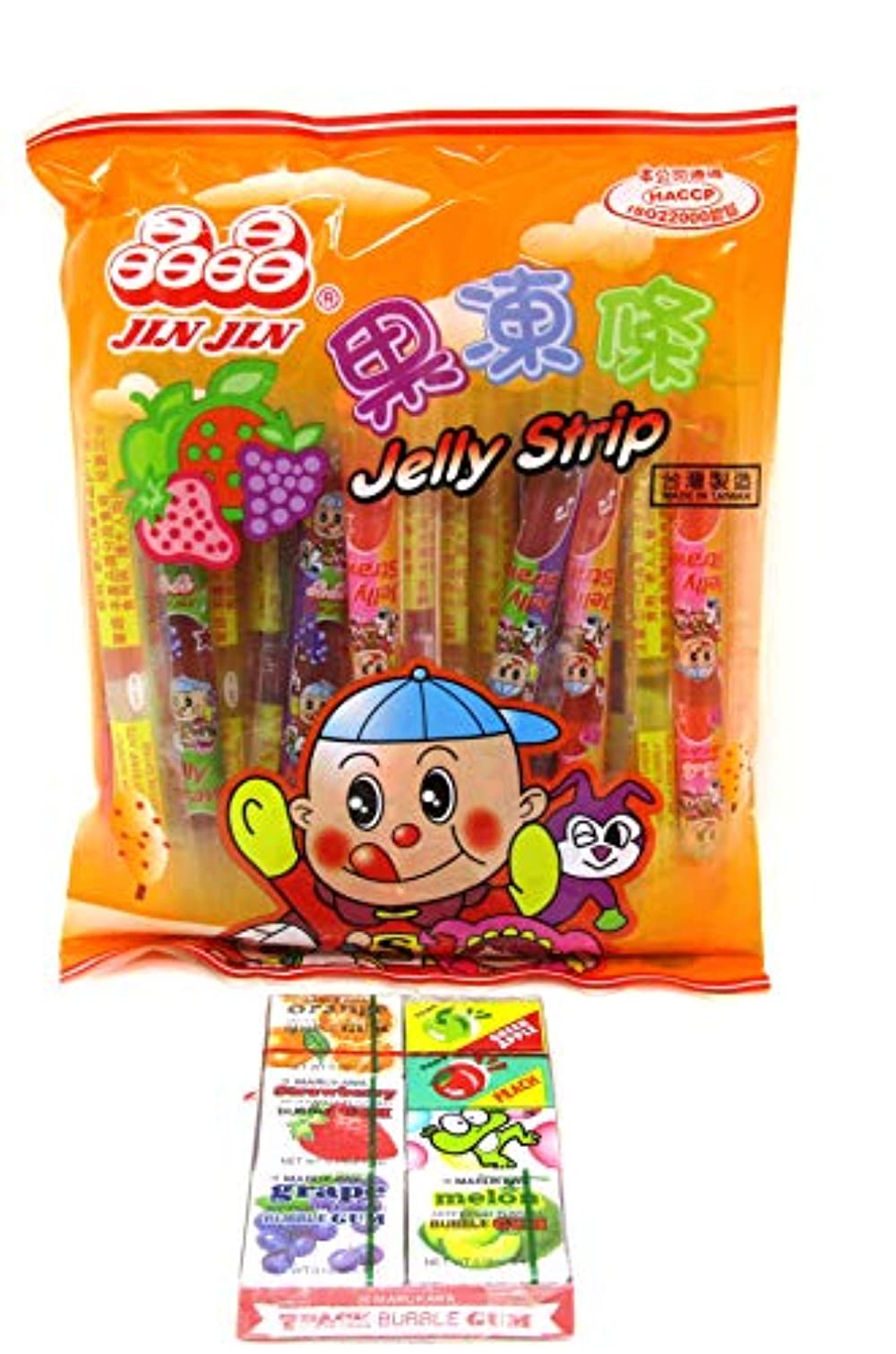 Jin Jin Fruit Jelly Filled Strip Straws Candy Bundle come with 7 Pack Bubble Gum Many Flavors 1