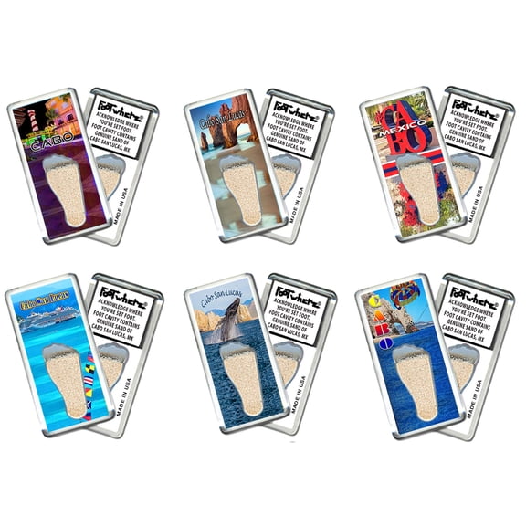 Cabo San Lucas FootWhere Souvenir Fridge Magnets. 6 Piece Set. (CSL200 - Assorted)